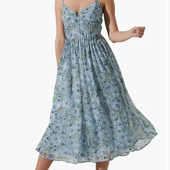 Floral Pleated Midi Dress - Blue Floral / L